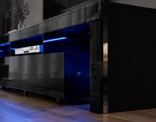 Elo – 200cm High Gloss Black TV Unit – RGB LED Lighting &amp; Tempered Glass Shelf – product view 8