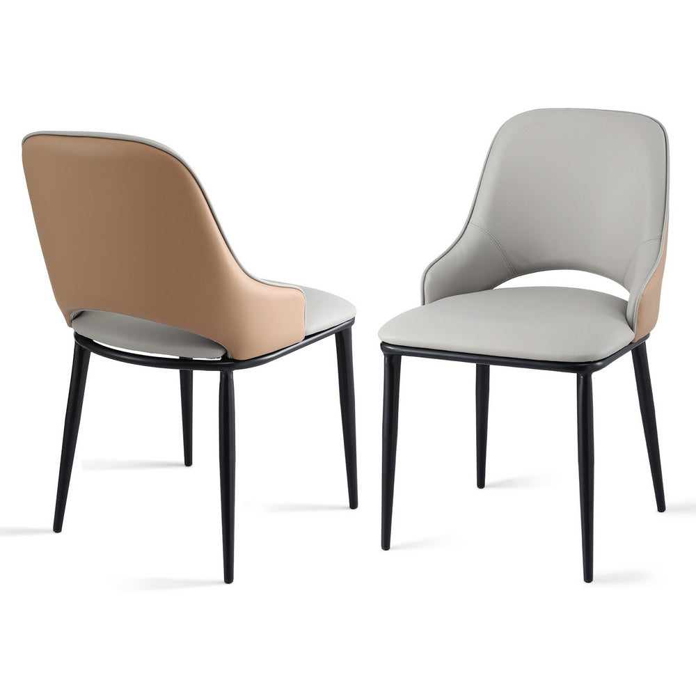 Dusk Duo Set of 2 Hollow Back Dining Chairs – Two-Tone PU Leather | Ergonomic Curved Backrest | 150kg | Grey & Brown - Greenora Living