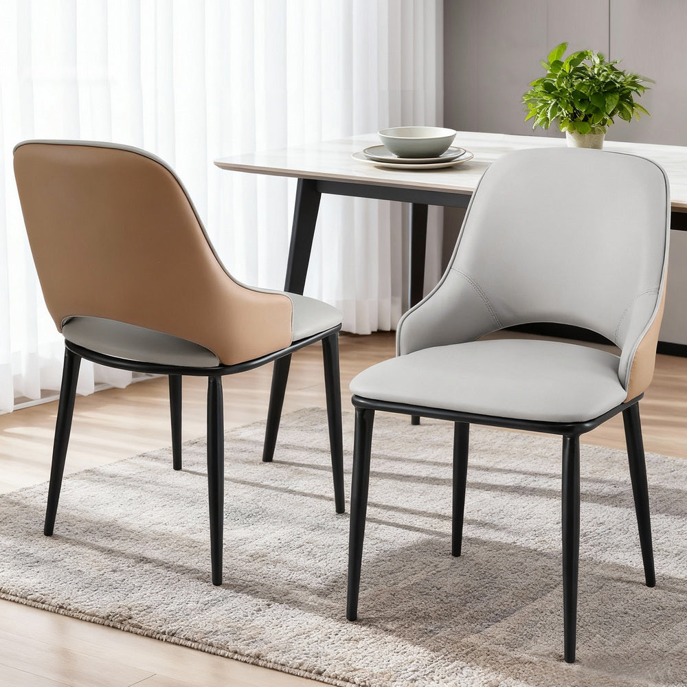 Dusk Duo Set of 2 Hollow Back Dining Chairs – Two-Tone PU Leather | Ergonomic Curved Backrest | 150kg | Grey &amp; Brown - Greenora Living