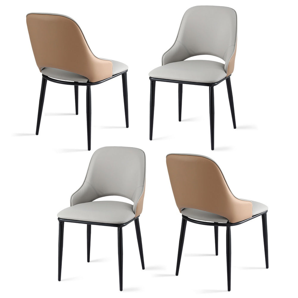 Dusk Quartet Set of 4 Hollow Back Dining Chairs – Two-Tone PU Leather | Ergonomic Curved Backrest | 150kg | Grey & Brown - Greenora Living