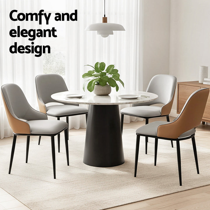 Dusk Quartet Set of 4 Hollow Back Dining Chairs – Two-Tone PU Leather | Ergonomic Curved Backrest | 150kg | Grey &amp; Brown - Greenora Living