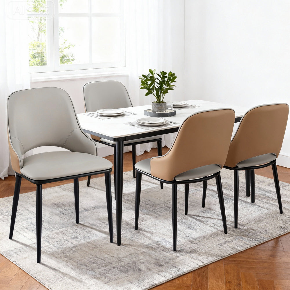 Dusk Quartet Set of 4 Hollow Back Dining Chairs – Two-Tone PU Leather | Ergonomic Curved Backrest | 150kg | Grey &amp; Brown - Greenora Living