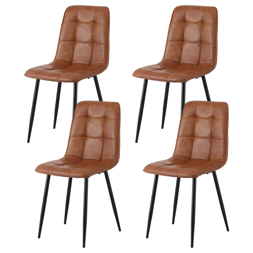 Havana Brown Set of 4 Retro Dining Chairs – Grid-Quilted PU Leather | Ergonomic Curved Backrest | 150kg - Greenora Living