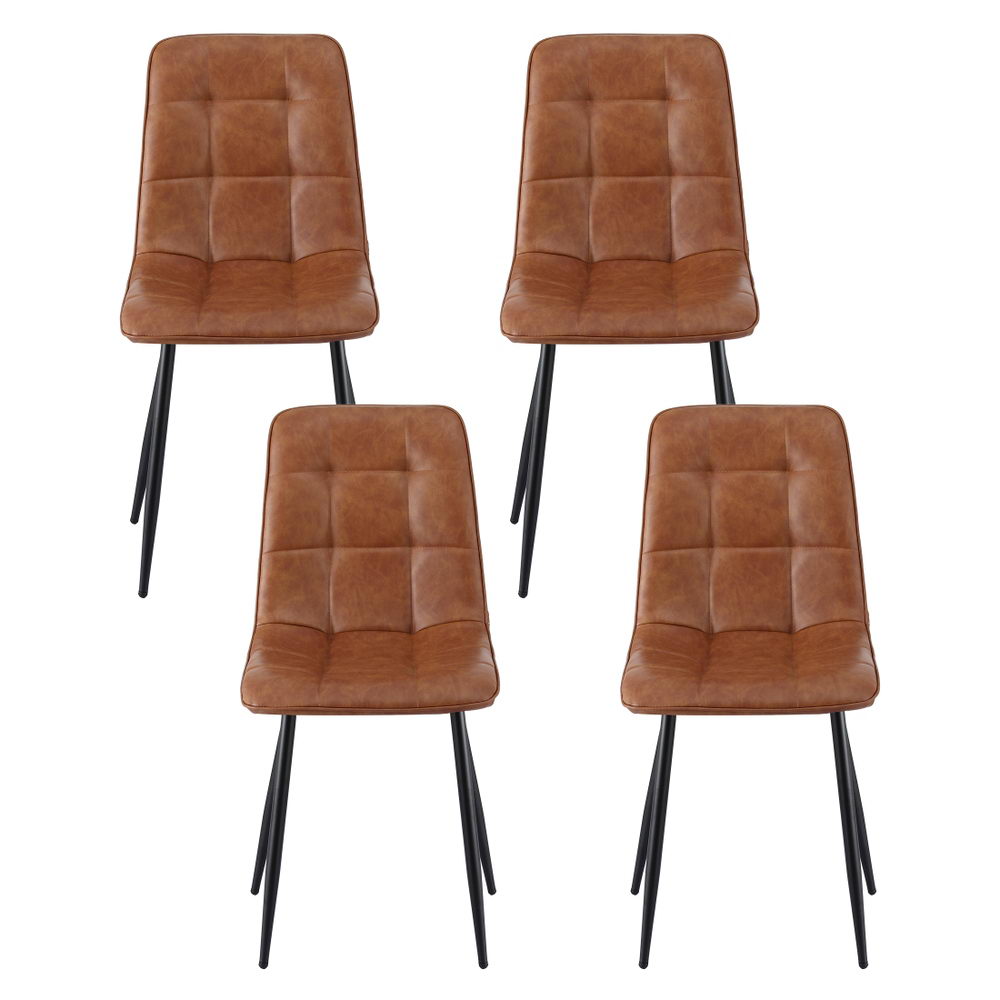 Havana Brown Set of 4 Retro Dining Chairs – Grid-Quilted PU Leather | Ergonomic Curved Backrest | 150kg - Greenora Living