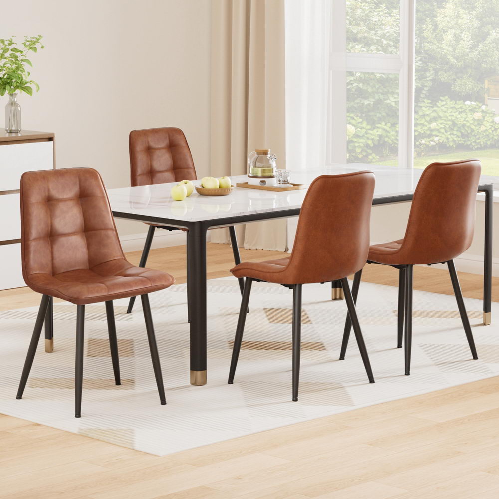Havana Brown Set of 4 Retro Dining Chairs – Grid-Quilted PU Leather | Ergonomic Curved Backrest | 150kg - Greenora Living