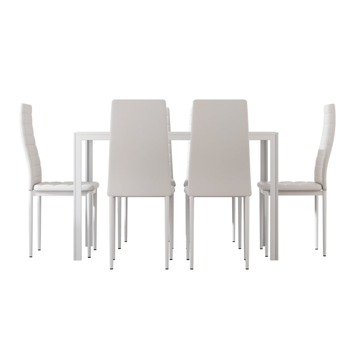 Blanc 7-Piece Dining Set – White MDF Table &amp; 6 PVC Padded Chairs - Greenora Living