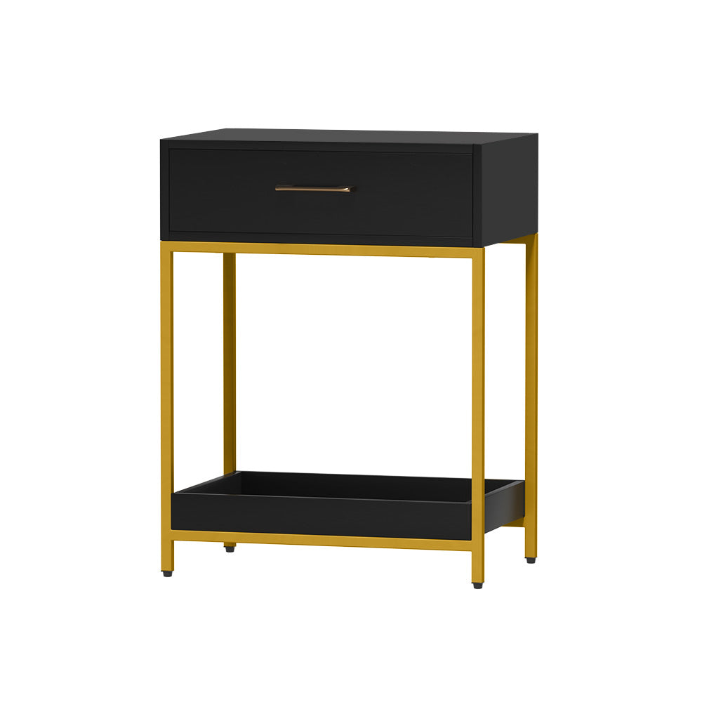 Hollywood Glam Bedside Table – Black &amp; Gold Art Deco Drawer &amp; Open Shelf - Greenora Living