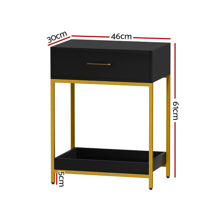 Hollywood Glam Bedside Table – Black &amp; Gold Art Deco Drawer &amp; Open Shelf - Greenora Living
