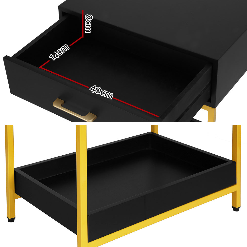 Hollywood Glam Bedside Table – Black &amp; Gold Art Deco Drawer &amp; Open Shelf - Greenora Living