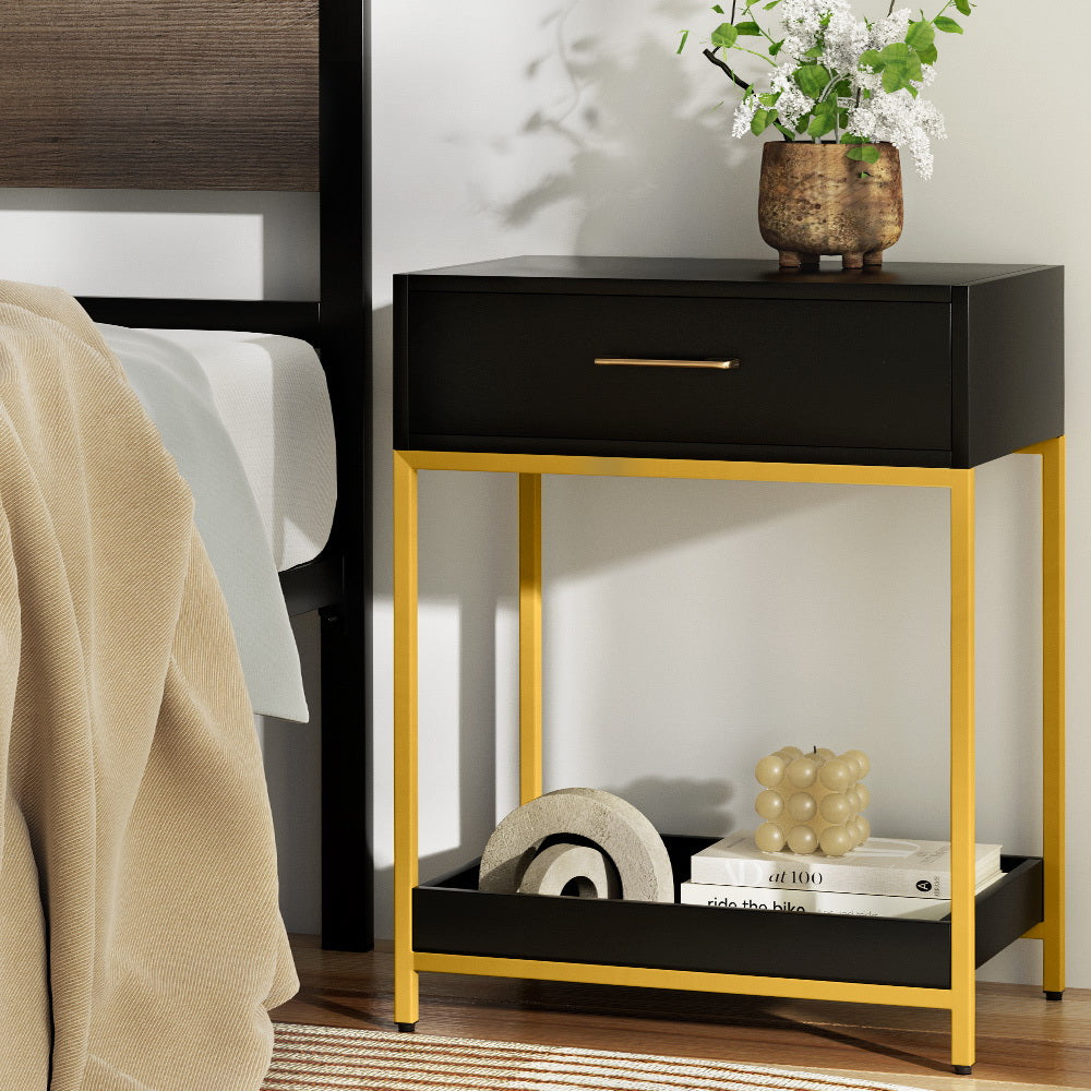 Hollywood Glam Bedside Table – Black & Gold Art Deco Drawer & Open Shelf - Greenora Living