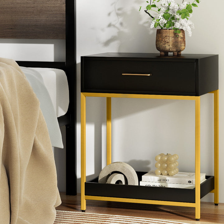 Hollywood Glam Bedside Table – Black &amp; Gold Art Deco Drawer &amp; Open Shelf - Greenora Living