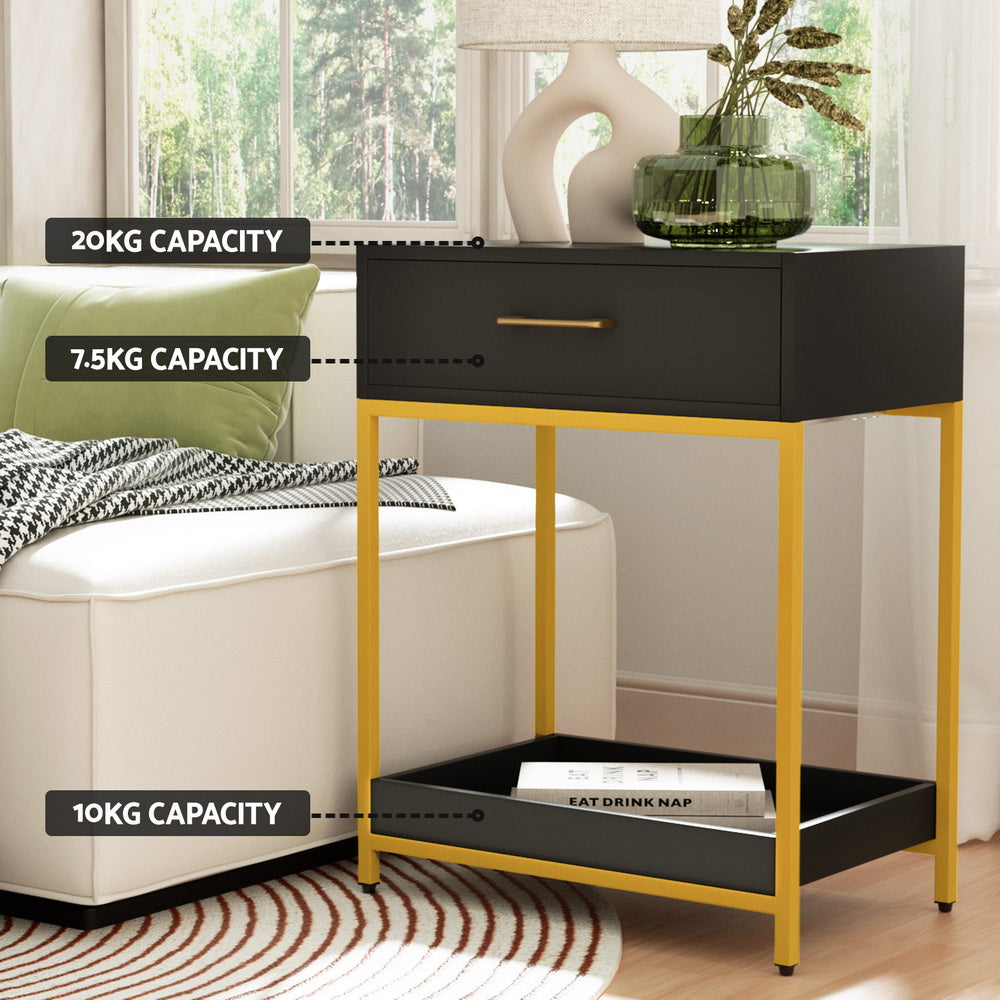 Hollywood Glam Bedside Table – Black &amp; Gold Art Deco Drawer &amp; Open Shelf - Greenora Living