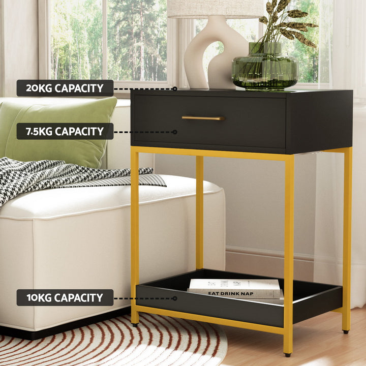 Hollywood Glam Bedside Table – Black &amp; Gold Art Deco Drawer &amp; Open Shelf - Greenora Living