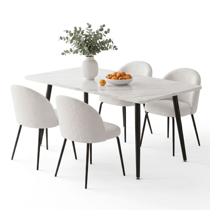 5-Piece Dining Set | 150cm Marble-Effect Table &amp; 4 White Sherpa Fabric Chairs | Greenora Living Australia