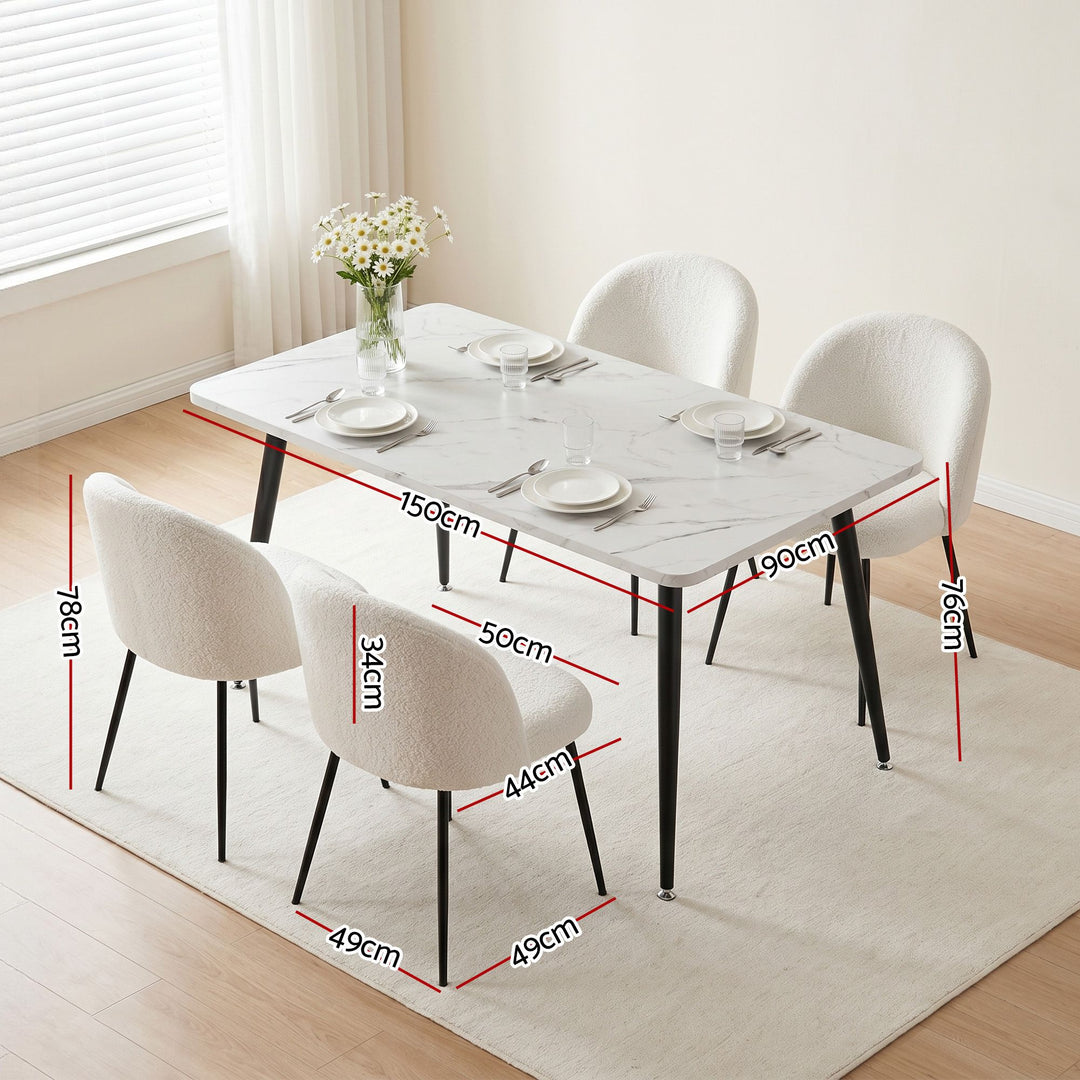 5-Piece Dining Set | 150cm Marble-Effect Table &amp; 4 White Sherpa Fabric Chairs | Greenora Living Australia