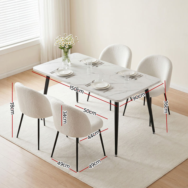 5-Piece Dining Set | 150cm Marble-Effect Table &amp; 4 White Sherpa Fabric Chairs | Greenora Living Australia