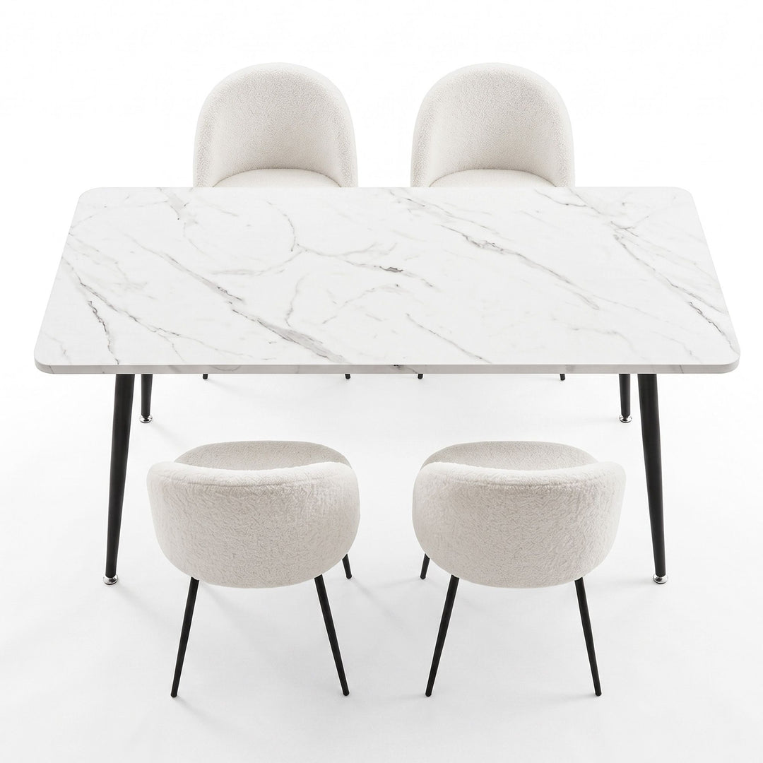 5-Piece Dining Set | 150cm Marble-Effect Table &amp; 4 White Sherpa Fabric Chairs | Greenora Living Australia