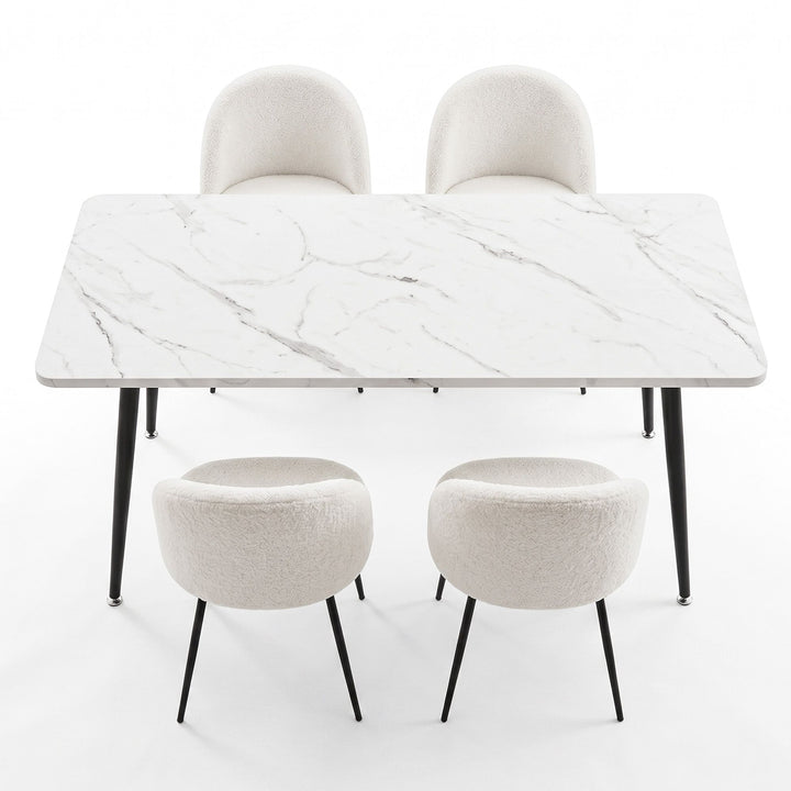 5-Piece Dining Set | 150cm Marble-Effect Table &amp; 4 White Sherpa Fabric Chairs | Greenora Living Australia