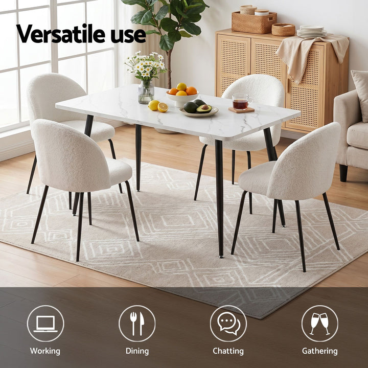 5-Piece Dining Set | 150cm Marble-Effect Table &amp; 4 White Sherpa Fabric Chairs | Greenora Living Australia
