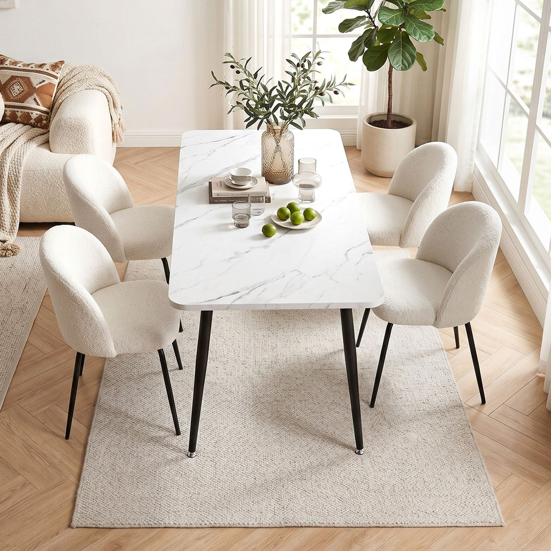 5-Piece Dining Set | 150cm Marble-Effect Table &amp; 4 White Sherpa Fabric Chairs | Greenora Living Australia