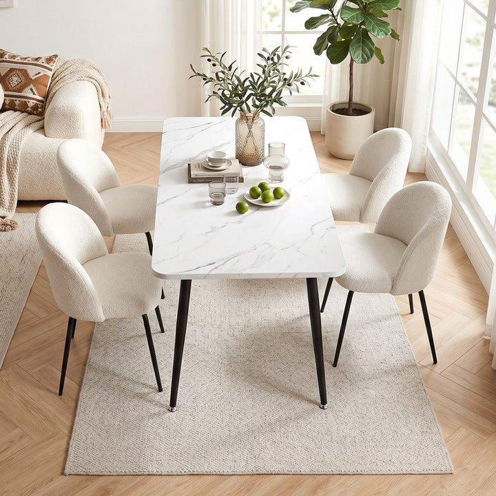 5-Piece Dining Set | 150cm Marble-Effect Table &amp; 4 White Sherpa Fabric Chairs | Greenora Living Australia