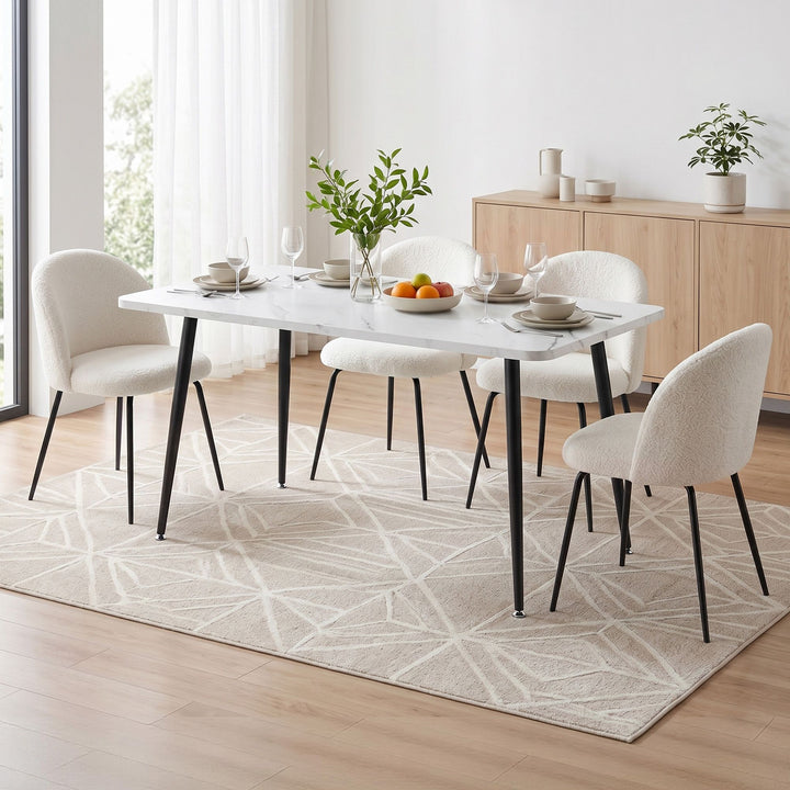 5-Piece Dining Set | 150cm Marble-Effect Table &amp; 4 White Sherpa Fabric Chairs | Greenora Living Australia
