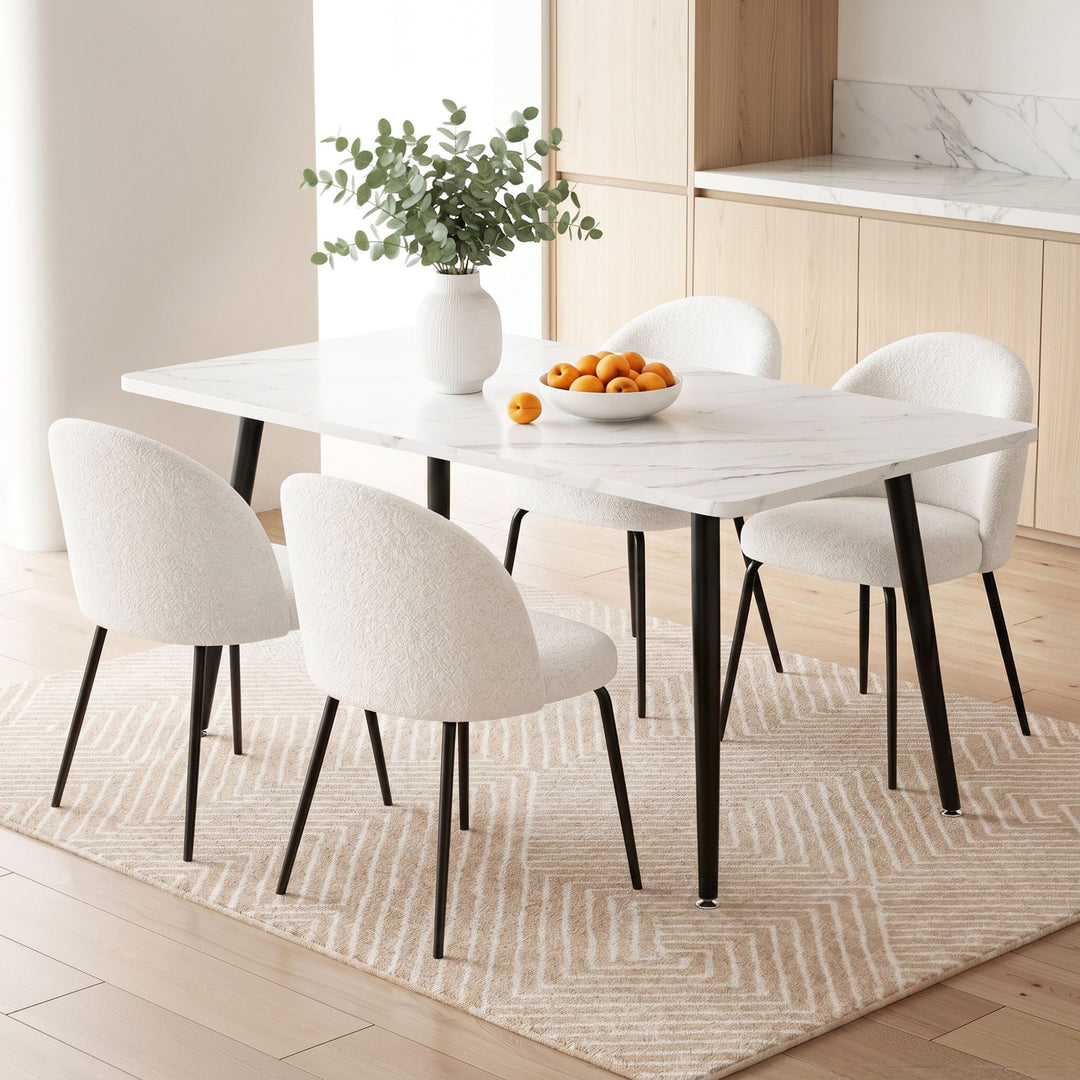 5-Piece Dining Set | 150cm Marble-Effect Table &amp; 4 White Sherpa Fabric Chairs | Greenora Living Australia