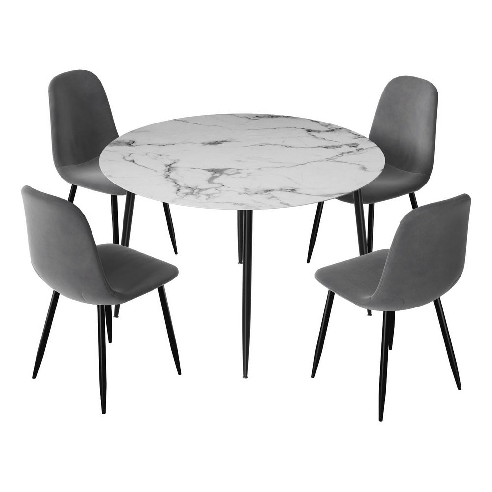 Marble-Effect Round Dining Table & 4 Velvet Chairs Set | 110cm, Grey & White | Greenora Living Australia