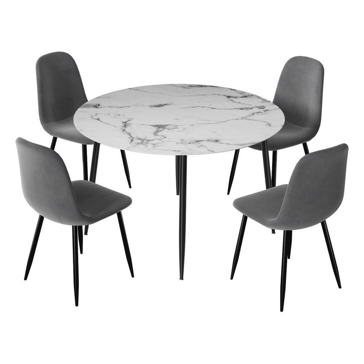 Marble-Effect Round Dining Table and 4 Velvet Chairs Set – 110cm Grey &amp; White - Greenora Living