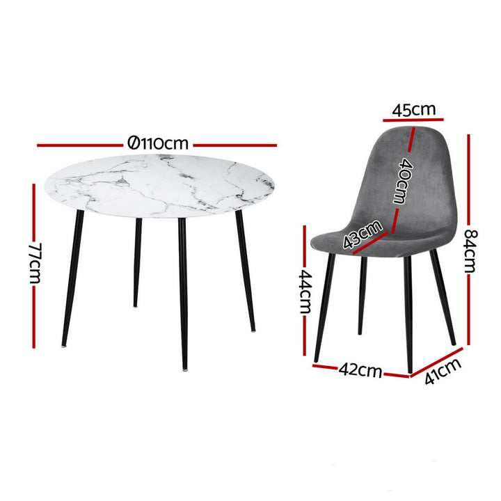 Marble-Effect Round Dining Table and 4 Velvet Chairs Set – 110cm Grey &amp; White - Greenora Living
