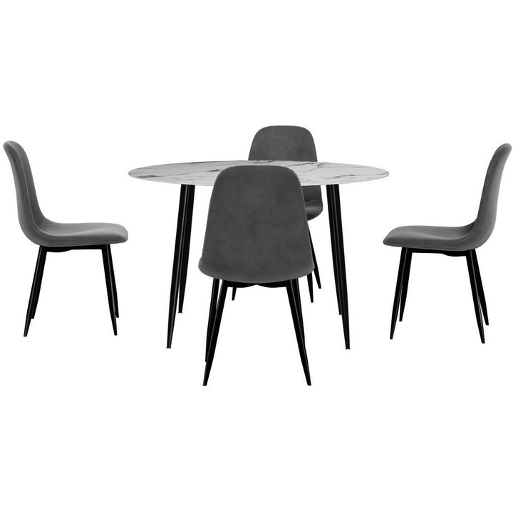 Marble-Effect Round Dining Table and 4 Velvet Chairs Set – 110cm Grey &amp; White - Greenora Living