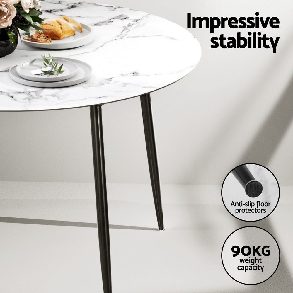 Marble-Effect Round Dining Table & 4 Velvet Chairs Set | 110cm, Grey & White | Greenora Living Australia