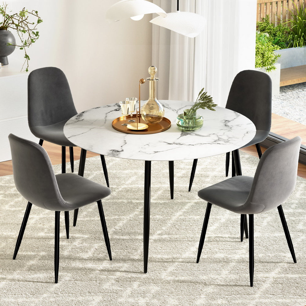 Marble-Effect Round Dining Table and 4 Velvet Chairs Set – 110cm Grey &amp; White - Greenora Living