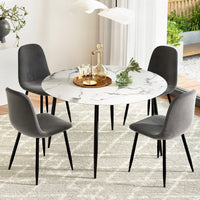 Marble-Effect Round Dining Table & 4 Velvet Chairs Set | 110cm, Grey & White | Greenora Living Australia