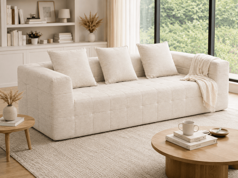 Monda 3-Seater Compressed Sofa – Beige Woven Fabric, 30D Foam & 3 Back Pillows – product view 2
