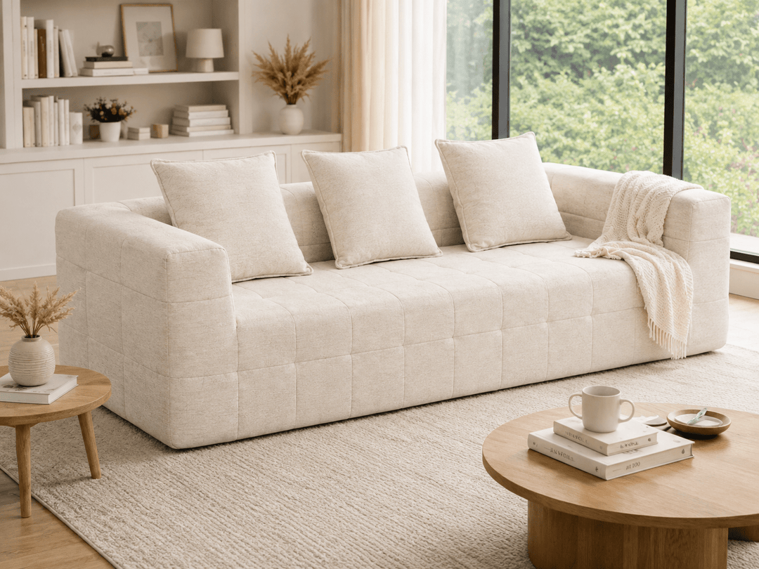 Monda 3-Seater Compressed Sofa – Beige Woven Fabric, 30D Foam &amp; 3 Back Pillows – product view 2
