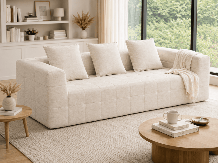 Monda 3-Seater Compressed Sofa – Beige Woven Fabric, 30D Foam &amp; 3 Back Pillows – product view 2