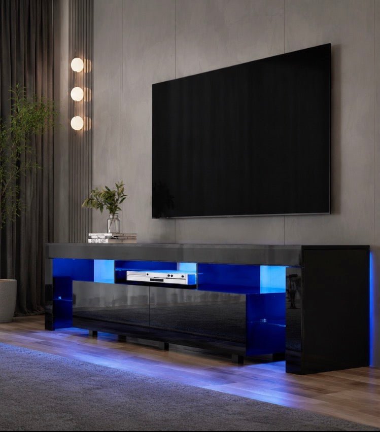 Elo – 200cm High Gloss Black TV Unit – RGB LED Lighting &amp; Tempered Glass Shelf – product view 2