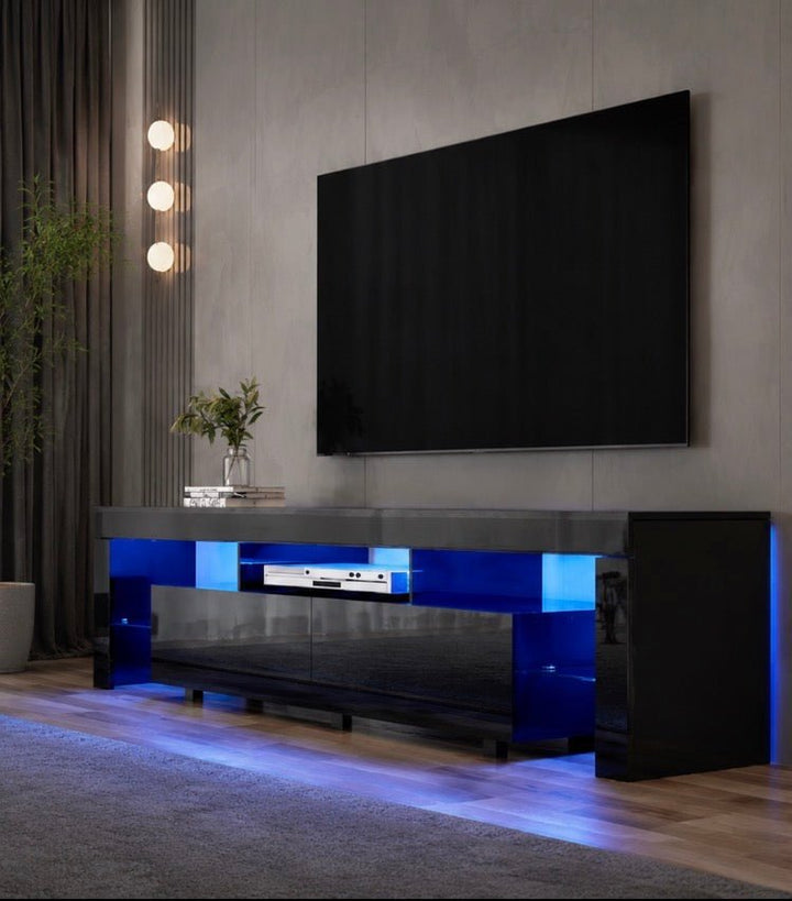 Elo – 200cm High Gloss Black TV Unit – RGB LED Lighting &amp; Tempered Glass Shelf – product view 2
