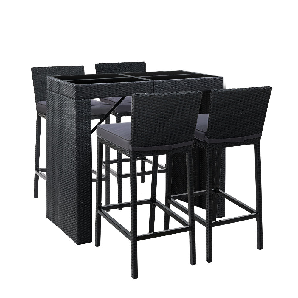 5-Piece Outdoor Bar Setting – PE Wicker & Tempered Glass | 5cm Foam Cushions | Waterproof Cover | Black - Greenora Living