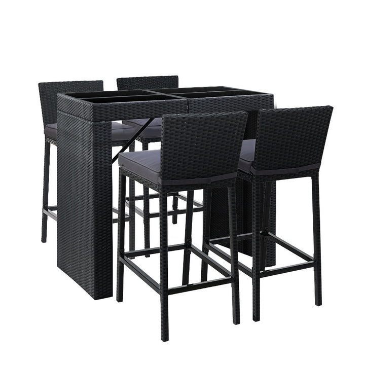 5-Piece Outdoor Bar Setting – PE Wicker &amp; Tempered Glass | 5cm Foam Cushions | Waterproof Cover | Black - Greenora Living