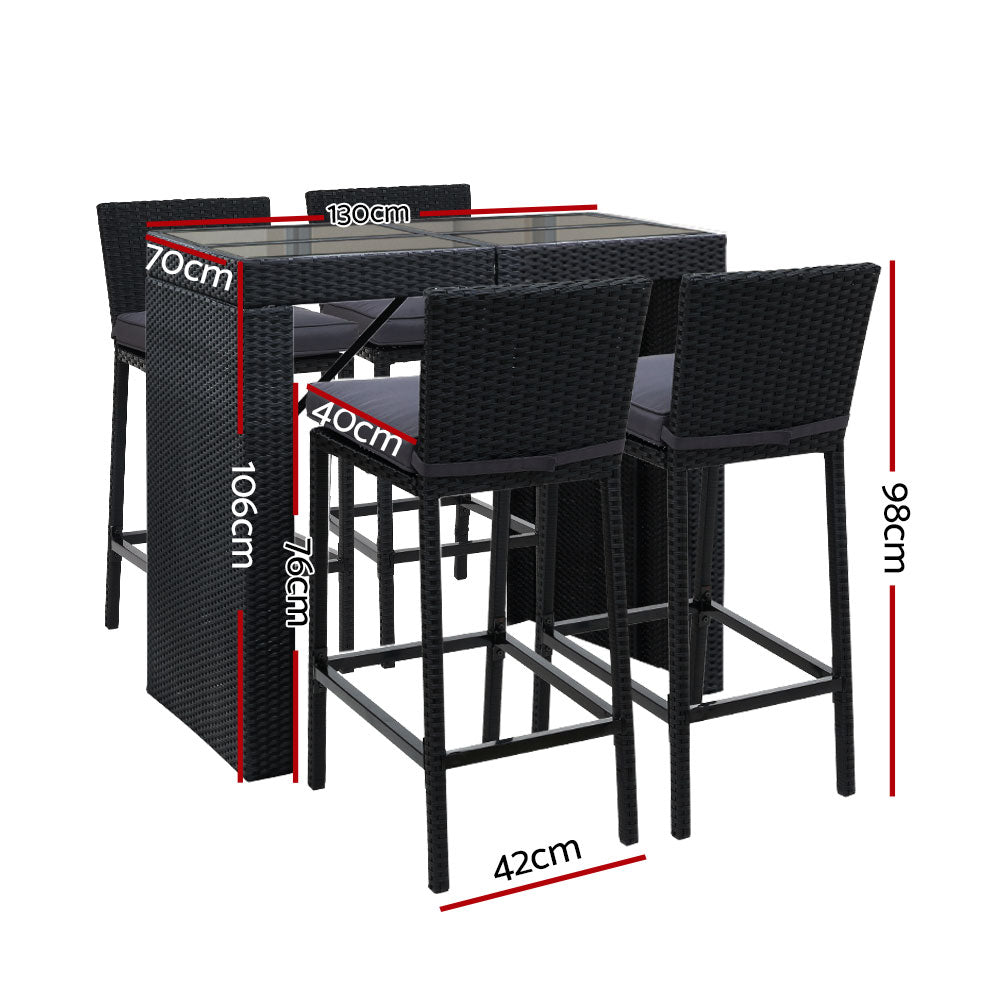 5-Piece Outdoor Bar Setting – PE Wicker &amp; Tempered Glass | 5cm Foam Cushions | Waterproof Cover | Black - Greenora Living