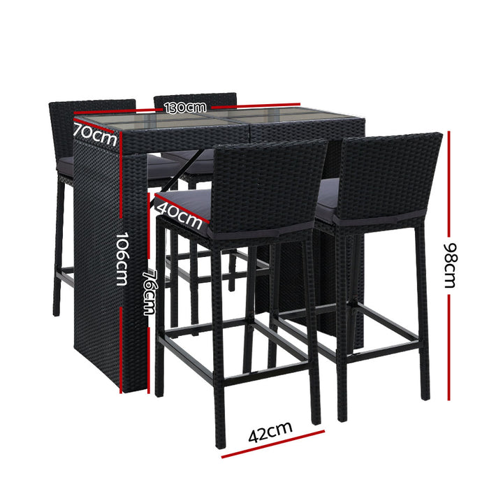 5-Piece Outdoor Bar Setting – PE Wicker &amp; Tempered Glass | 5cm Foam Cushions | Waterproof Cover | Black - Greenora Living