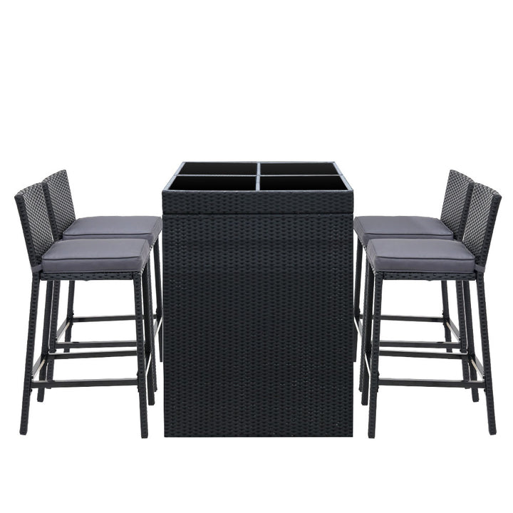 5-Piece Outdoor Bar Setting – PE Wicker &amp; Tempered Glass | 5cm Foam Cushions | Waterproof Cover | Black - Greenora Living
