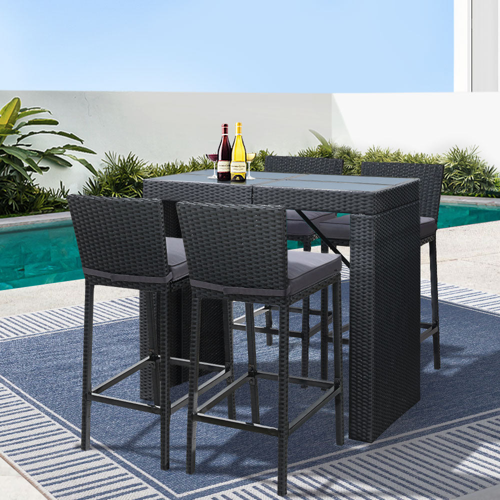 5-Piece Outdoor Bar Setting – PE Wicker &amp; Tempered Glass | 5cm Foam Cushions | Waterproof Cover | Black - Greenora Living
