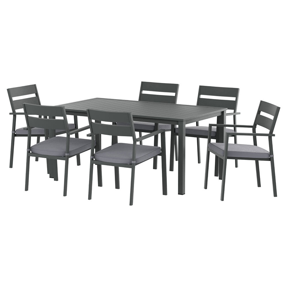 Eclipse Black 7-Piece Outdoor Dining Set – 6-Seater | Powder-Coated Aluminium | UV & Water-Resistant Cushions | Black & Grey - Greenora Living