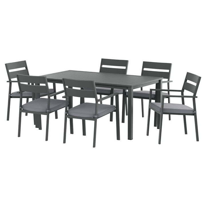 Eclipse Black 7-Piece Outdoor Dining Set – 6-Seater | Powder-Coated Aluminium | UV &amp; Water-Resistant Cushions | Black &amp; Grey - Greenora Living