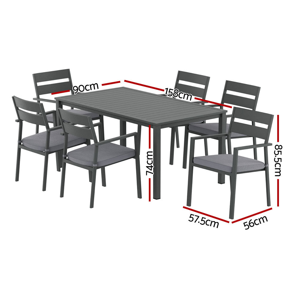 Eclipse Black 7-Piece Outdoor Dining Set – 6-Seater | Powder-Coated Aluminium | UV & Water-Resistant Cushions | Black & Grey - Greenora Living