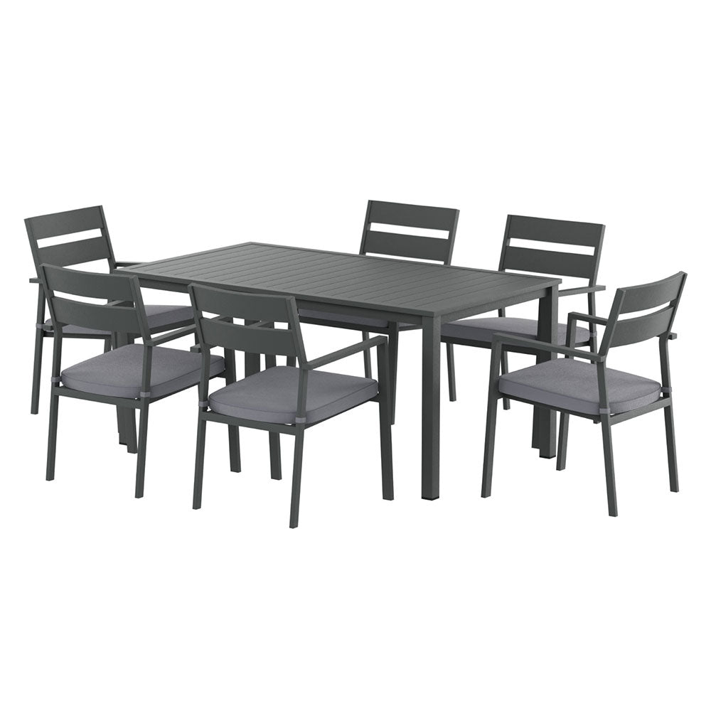Eclipse Black 7-Piece Outdoor Dining Set – 6-Seater | Powder-Coated Aluminium | UV &amp; Water-Resistant Cushions | Black &amp; Grey - Greenora Living