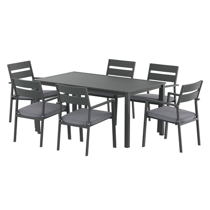 Eclipse Black 7-Piece Outdoor Dining Set – 6-Seater | Powder-Coated Aluminium | UV &amp; Water-Resistant Cushions | Black &amp; Grey - Greenora Living